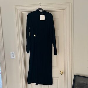 Black Long-Sleeve Midi Dress with Side Detail